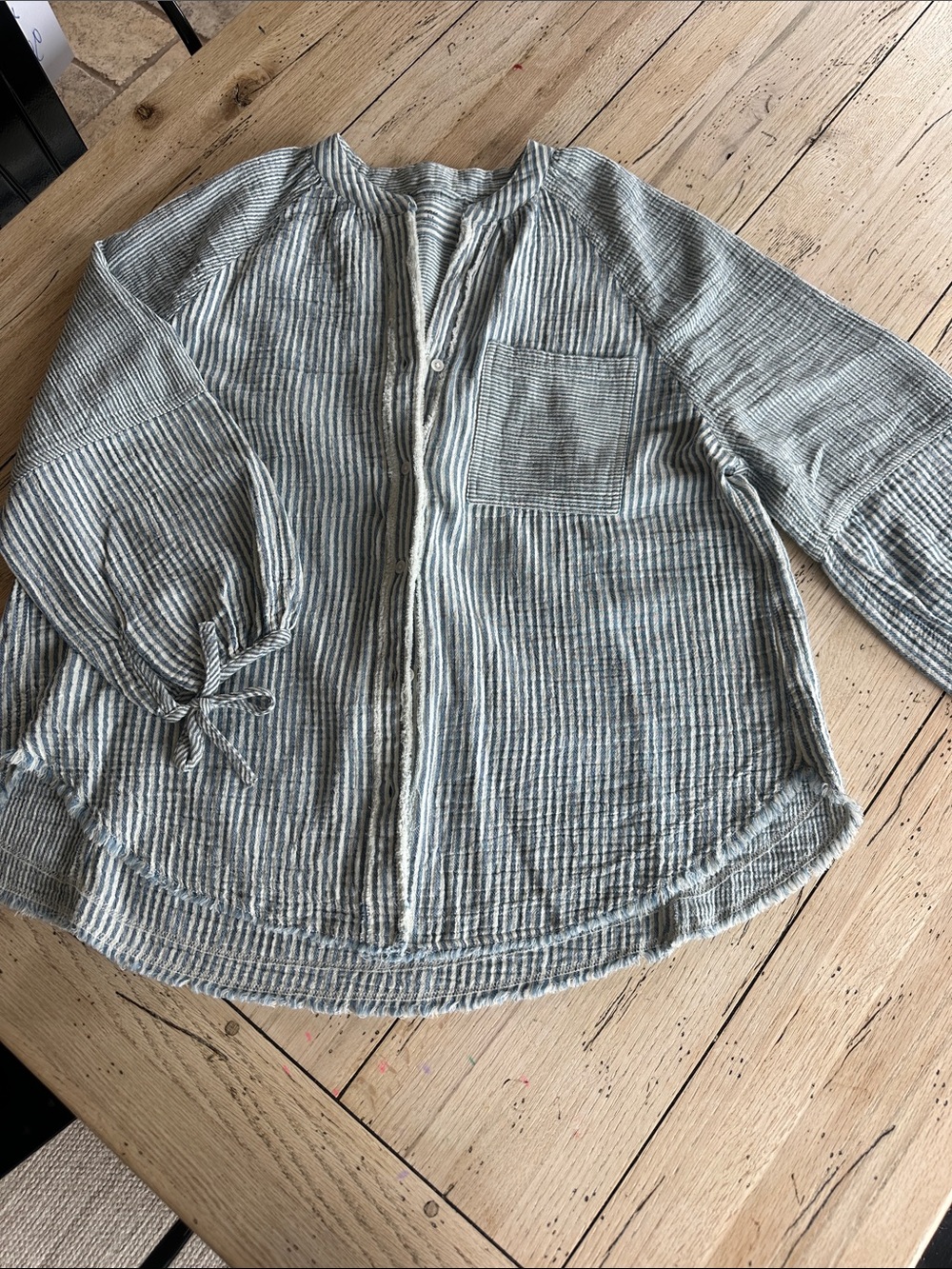 aerie Striped Button-Front Gauze Top in Light Gray and White